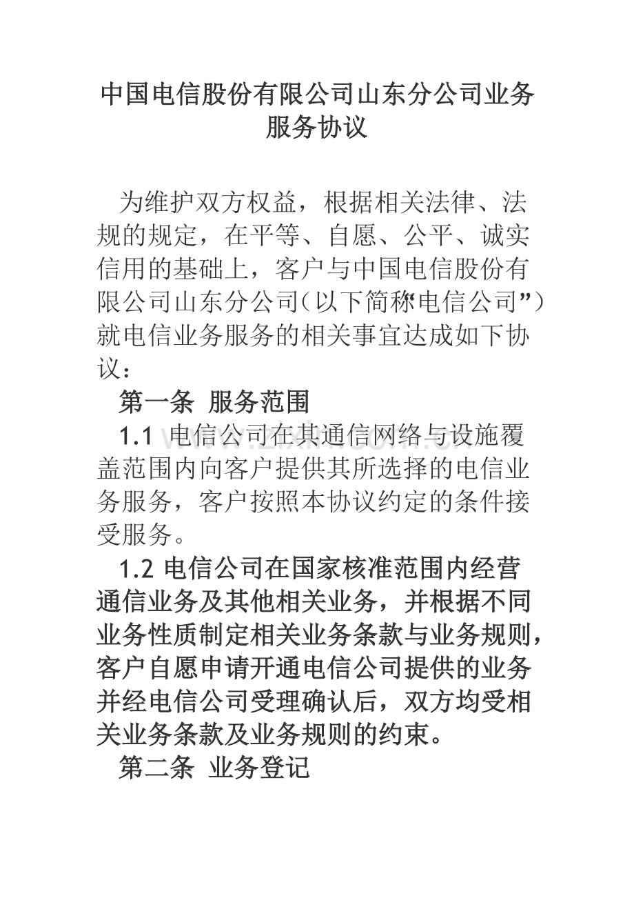 中国电信股份有限公司山东分公司业务服务协议.docx_第1页