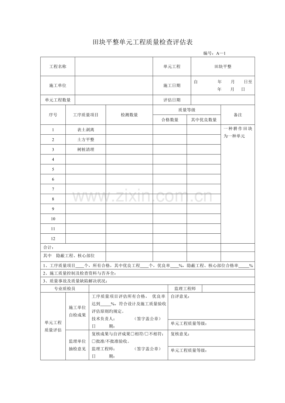 田面平整单元工程质量检验评定表8个.doc_第1页