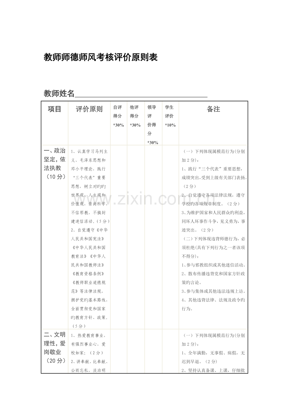 教师师德师风考核评价标准表.doc_第1页