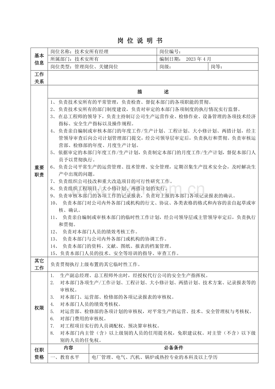 技术安全部岗位说明书.doc_第1页