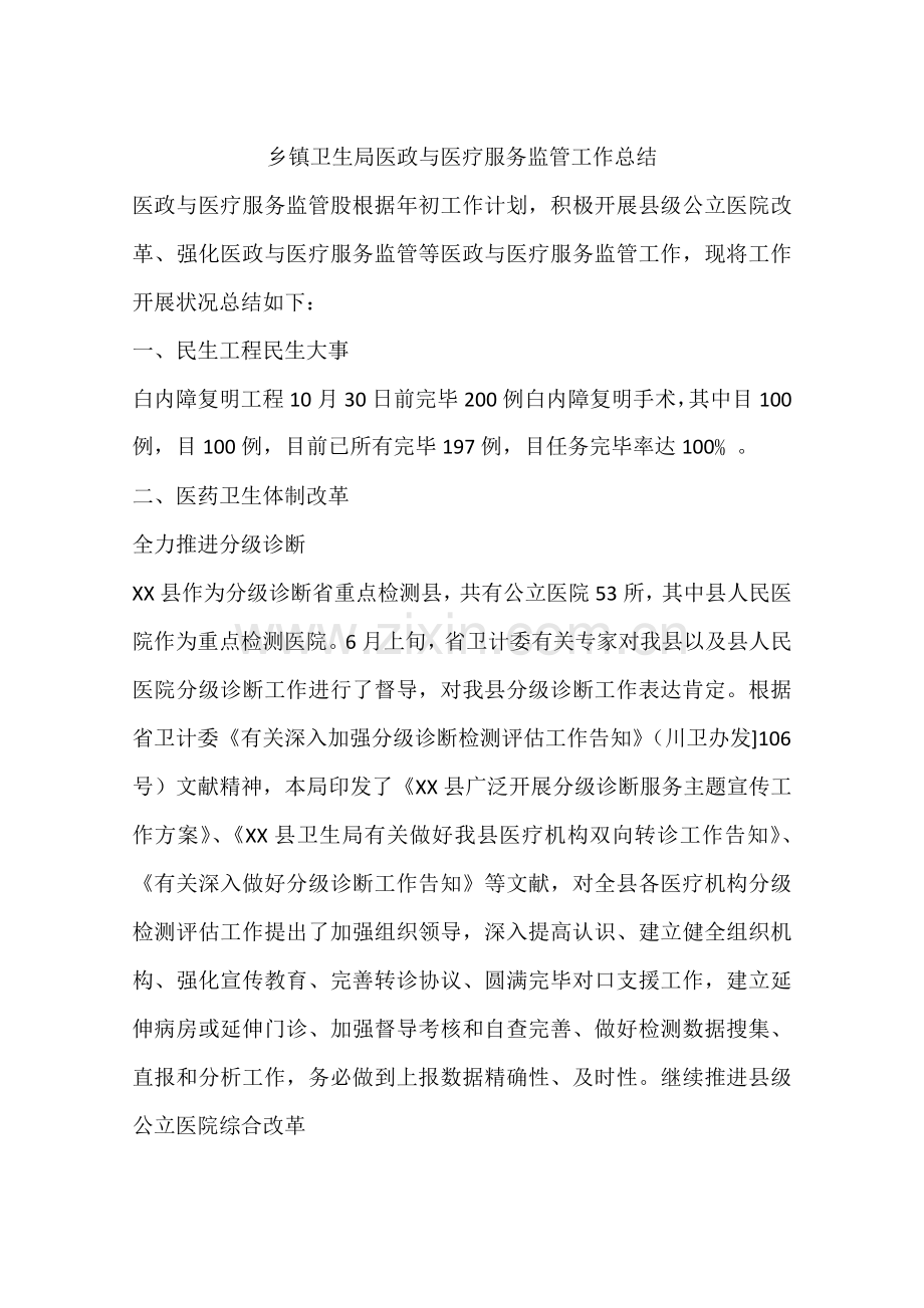 乡镇卫生局医政与医疗服务监管工作总结.docx_第1页