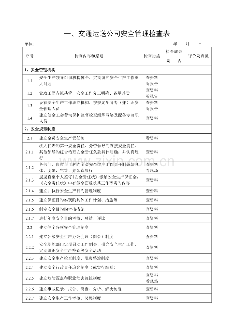 交通运输企业安全管理检查表.doc_第1页