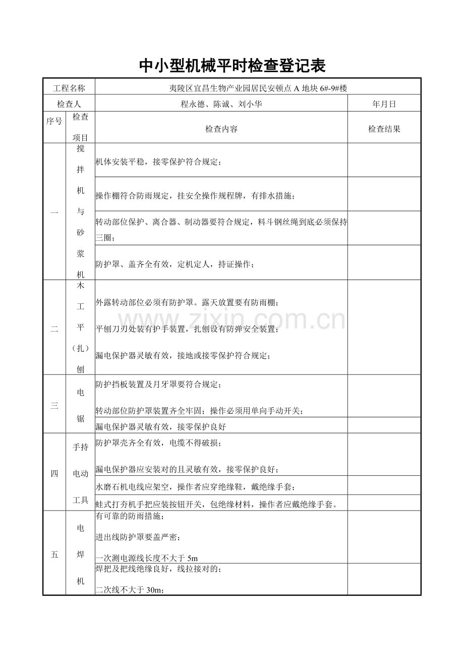 中小型机械平时检查记录表.doc_第1页