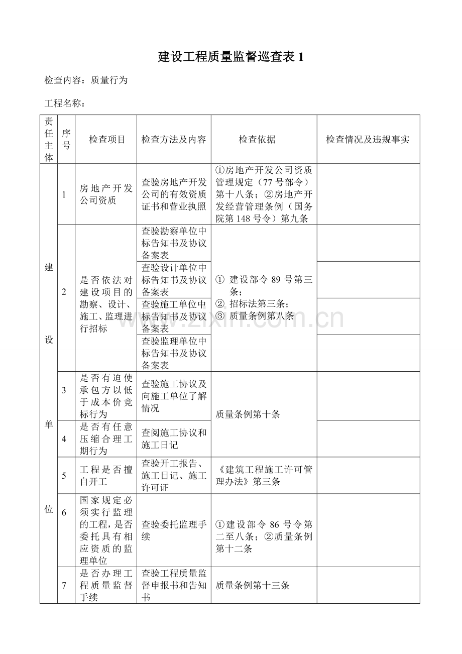 建设工程质量监督巡查表.doc_第1页