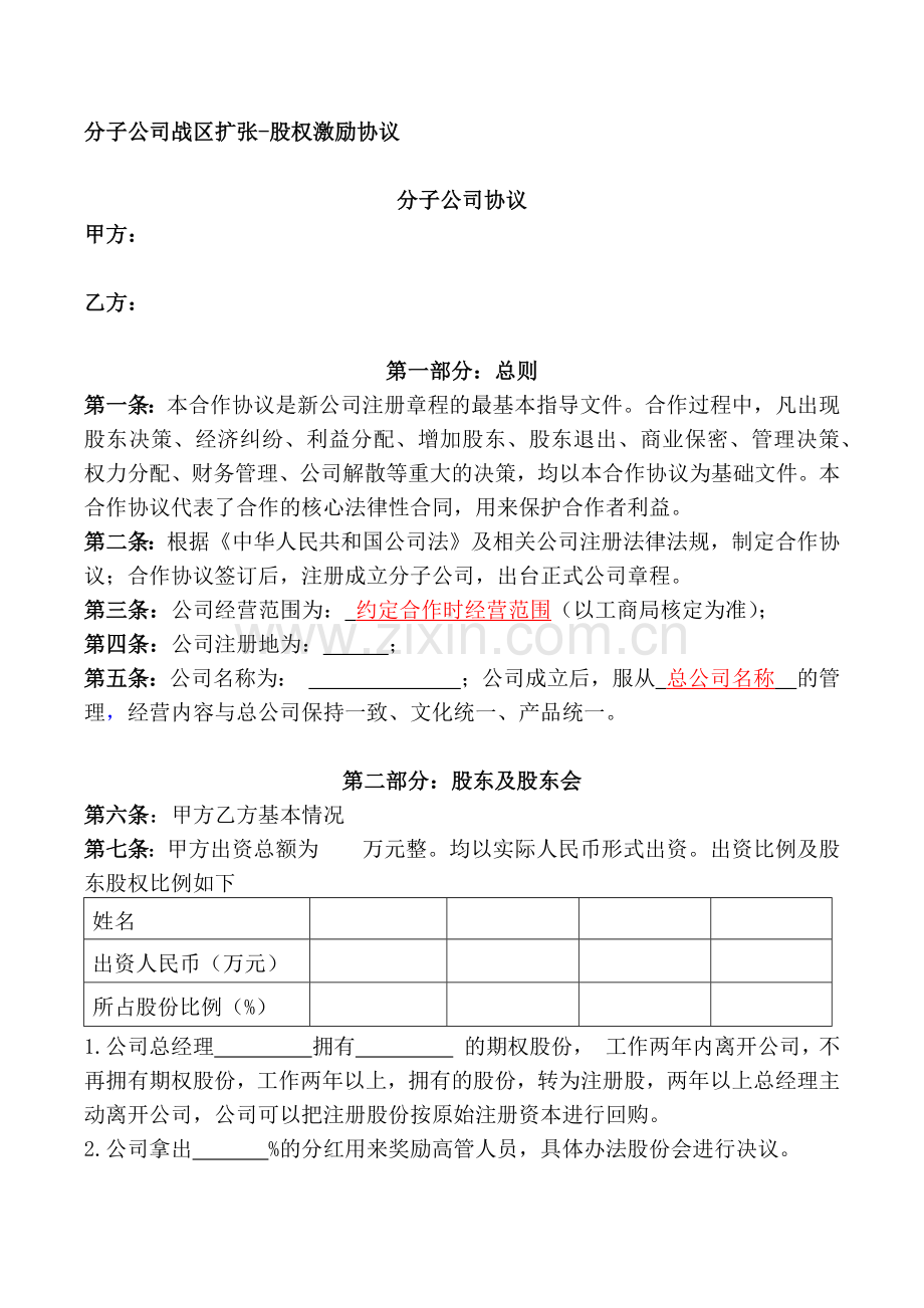 分子公司扩张股权激励协议.docx_第1页