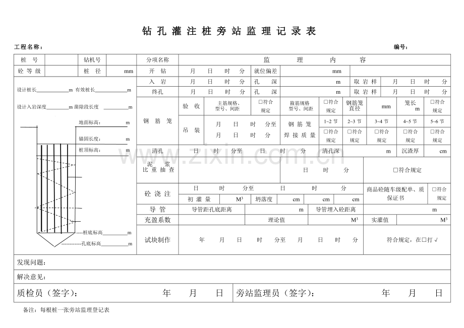 钻孔灌注桩旁站记录表样本.doc_第1页