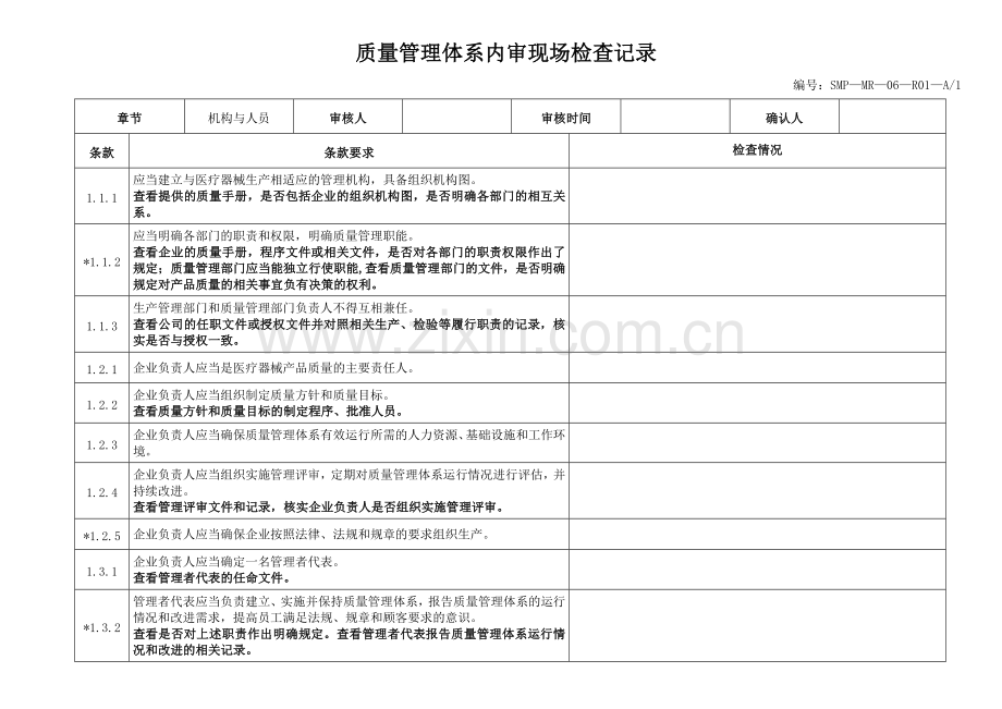 质量管理体系内审现场检查记录.doc_第1页