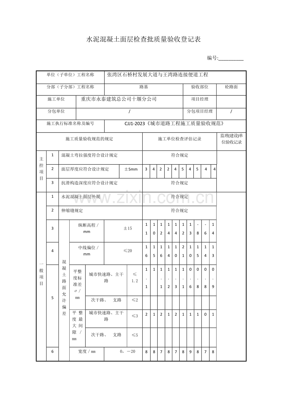 水泥混凝土面层检验批质量验收记录表.doc_第1页