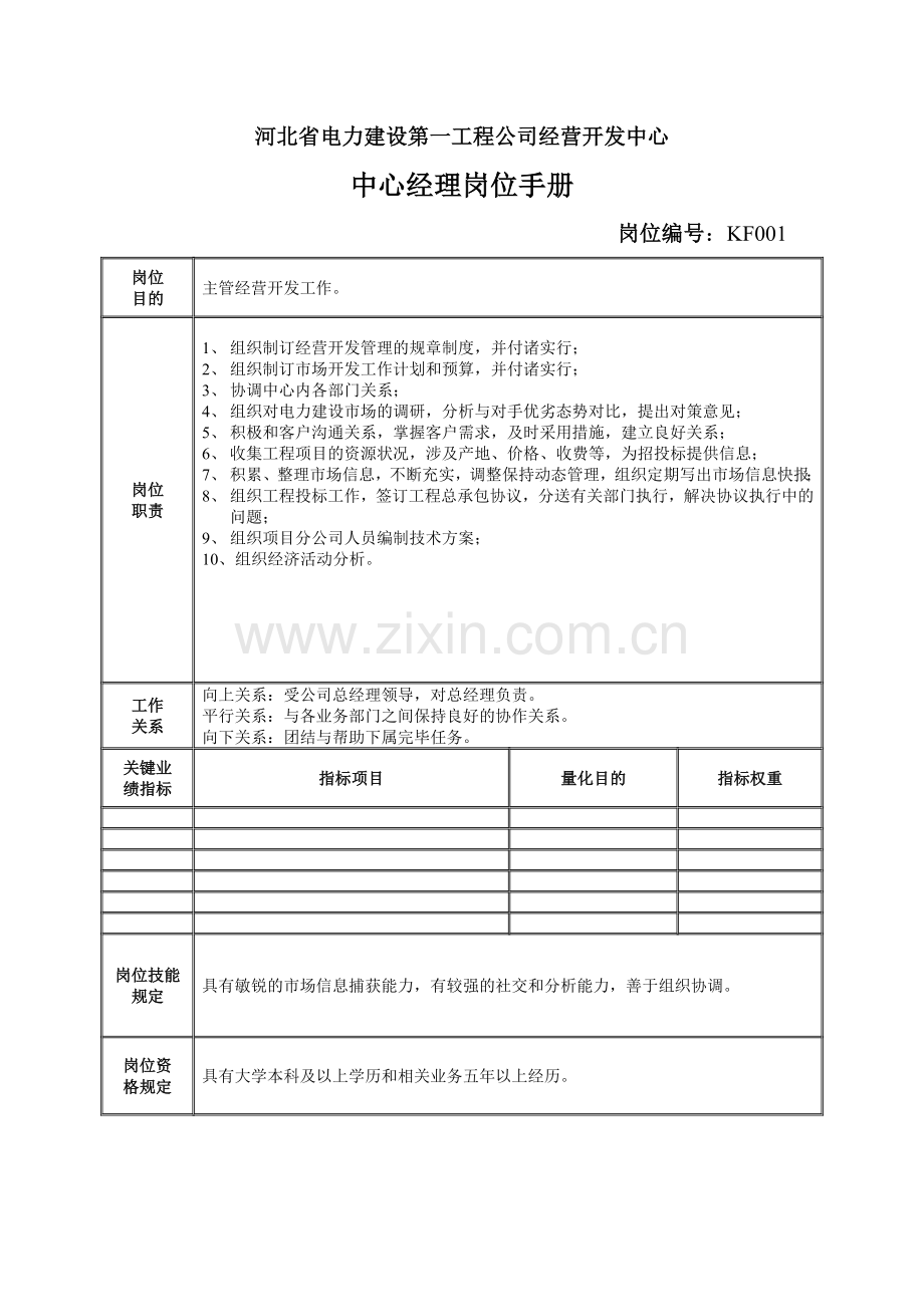 河北电力第一工程公司经营开发中心中心经理岗位手册.doc_第1页