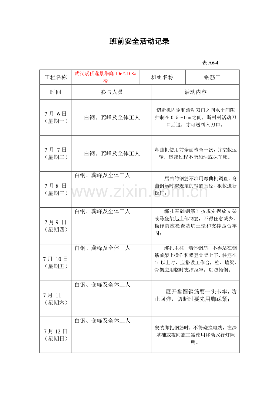 班前安全活动记录表A.doc_第1页