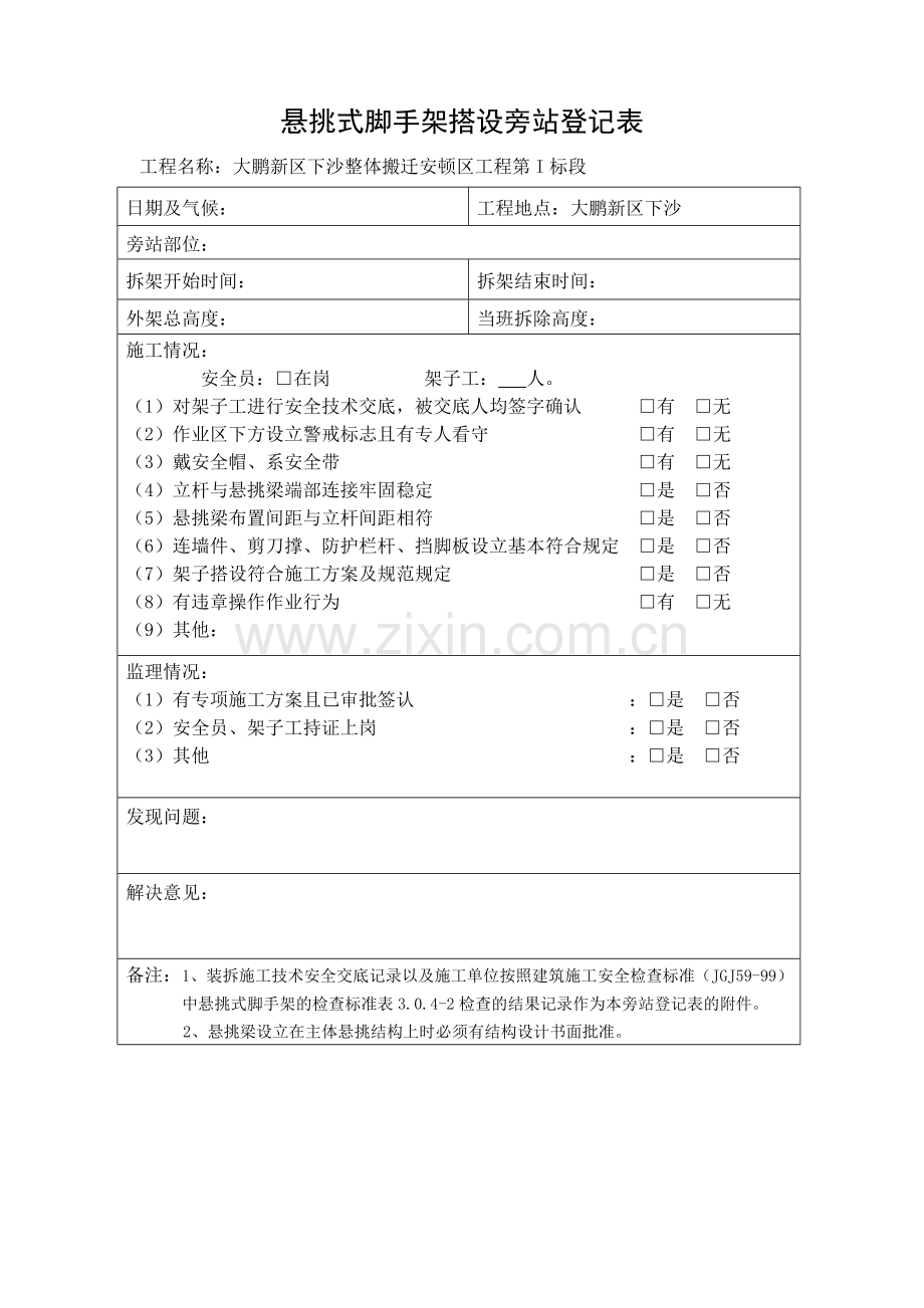 悬挑外脚手架旁站记录表.doc_第1页