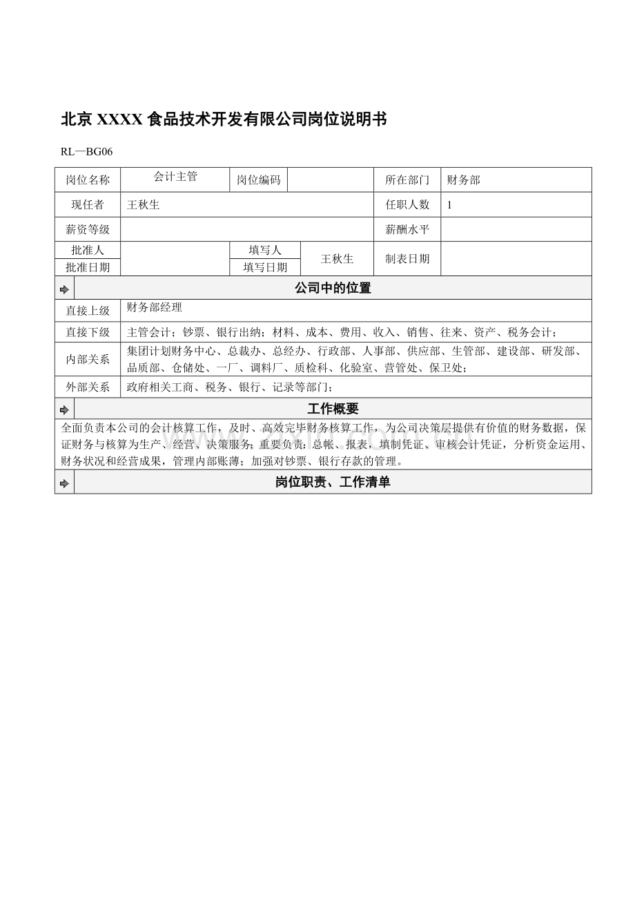 北京食品技术开发有限公司岗位说明书.doc_第1页