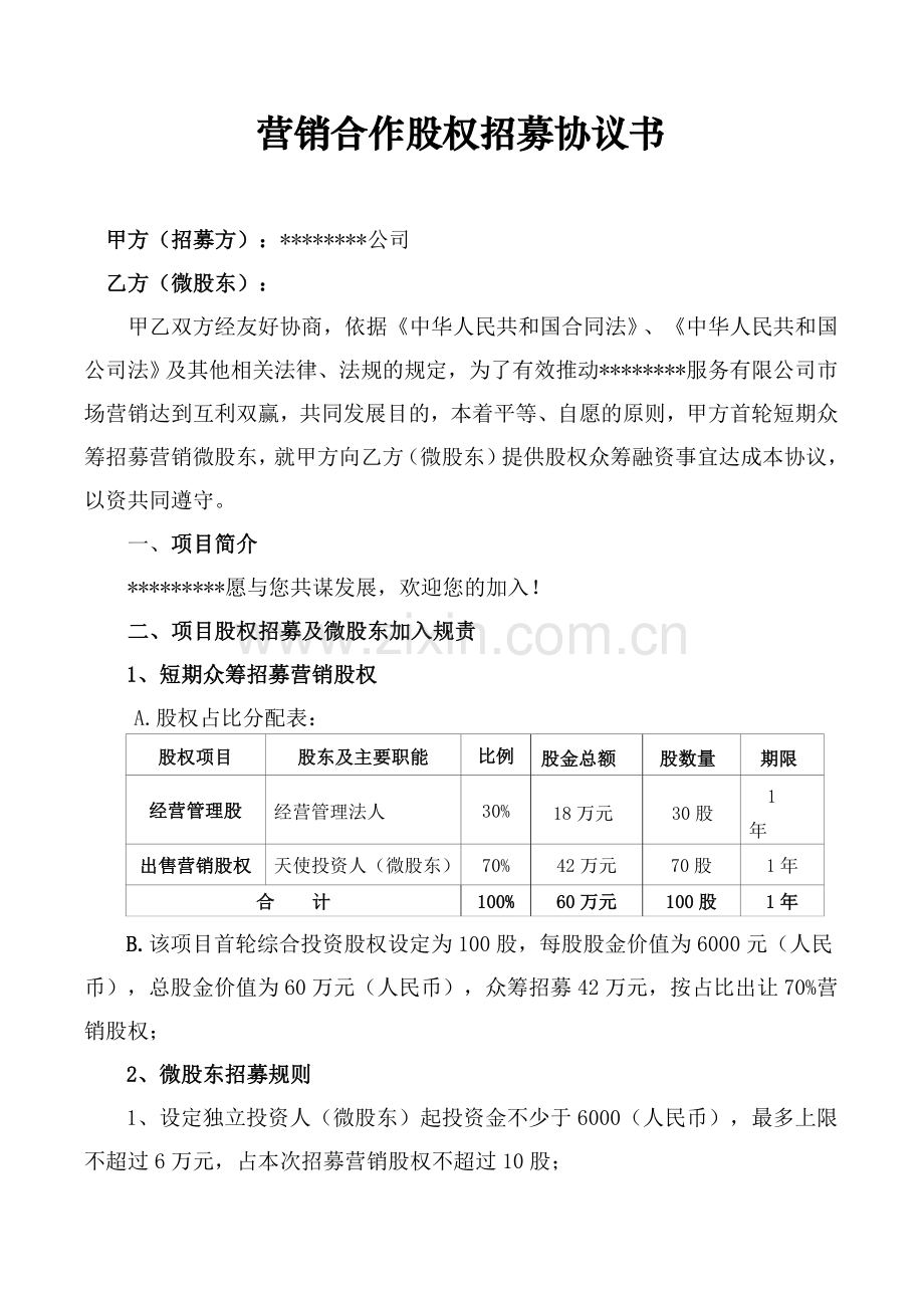 营销合作股权招募协议书.docx_第1页