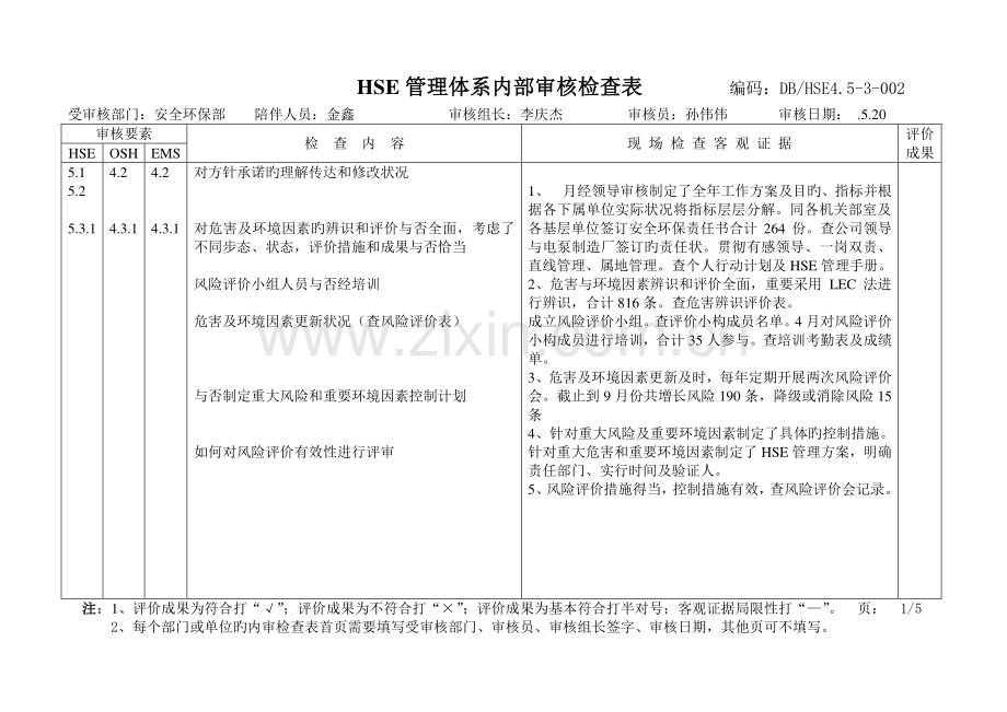 安全环保部内审检查表.doc_第1页