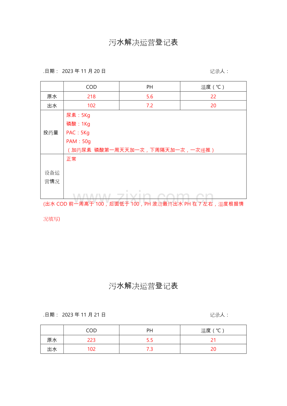 污水处理运行记录表.doc_第1页