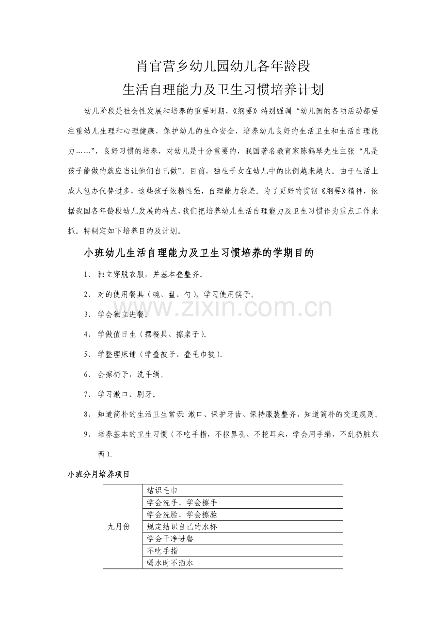 幼儿园幼儿生活自理能力及卫生习惯培养计划.doc_第1页