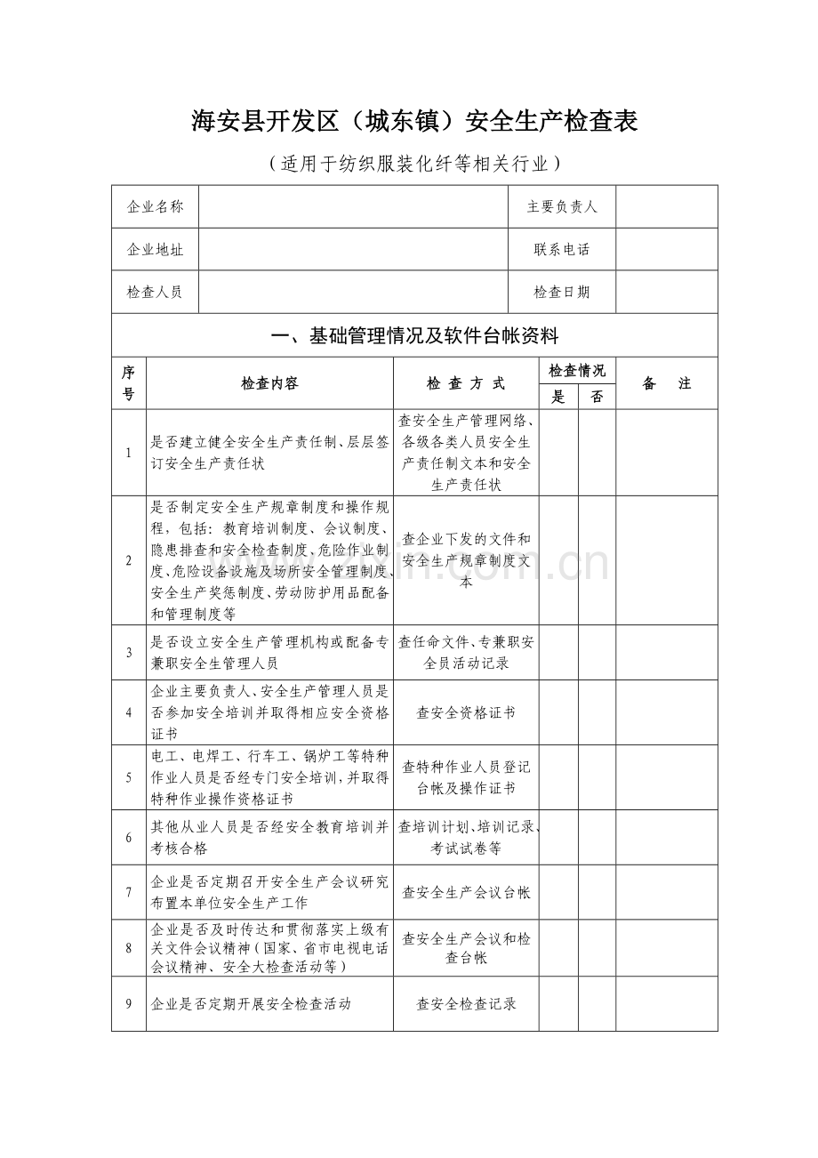 纺织服装化纤等行业安全检查表.doc_第1页