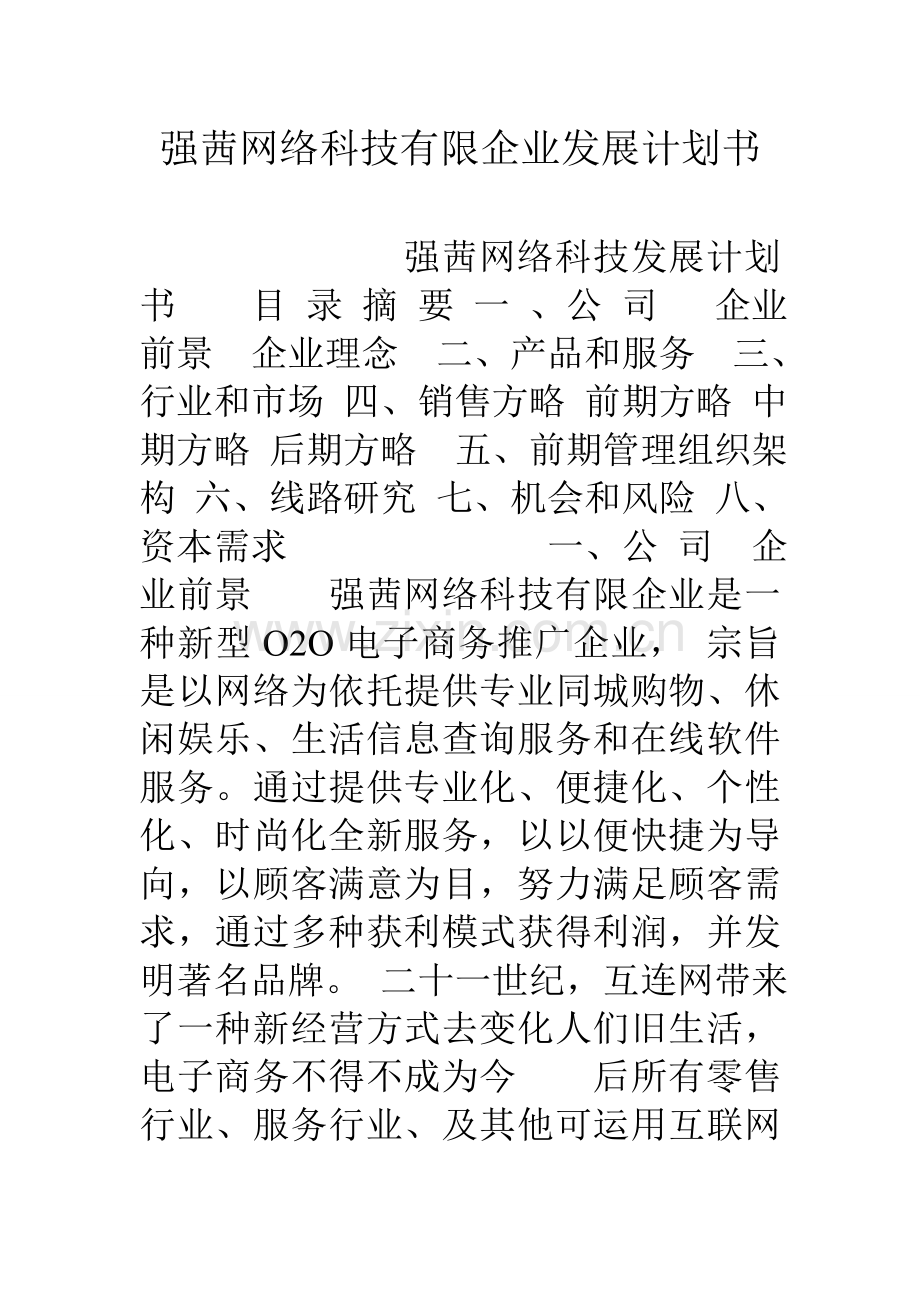 强茜网络科技有限公司发展计划书.doc_第1页