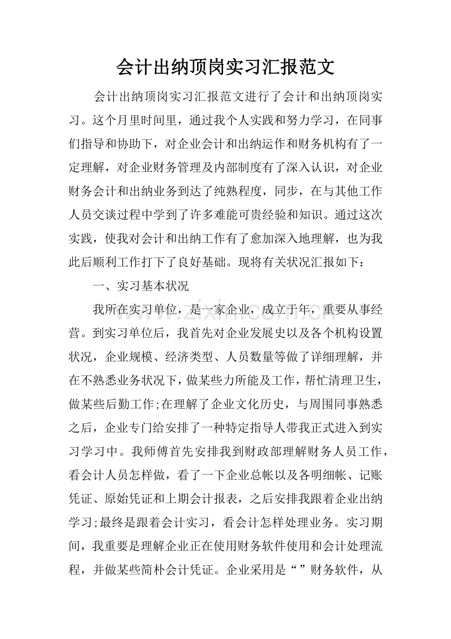 会计出纳顶岗实习报告范文.docx_第1页