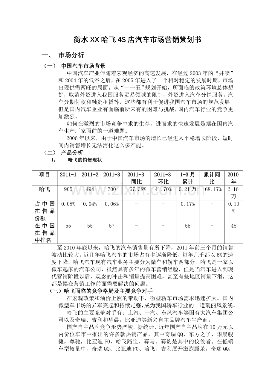 衡水哈飞四S店汽车市场营销策划书.doc_第1页