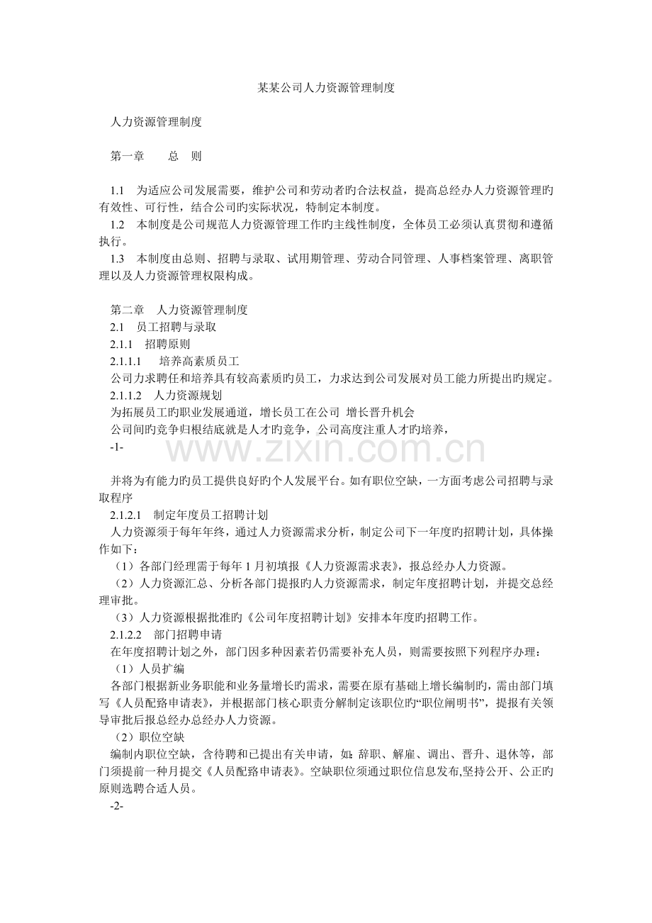 某某公司人力资源管理制度.doc_第1页