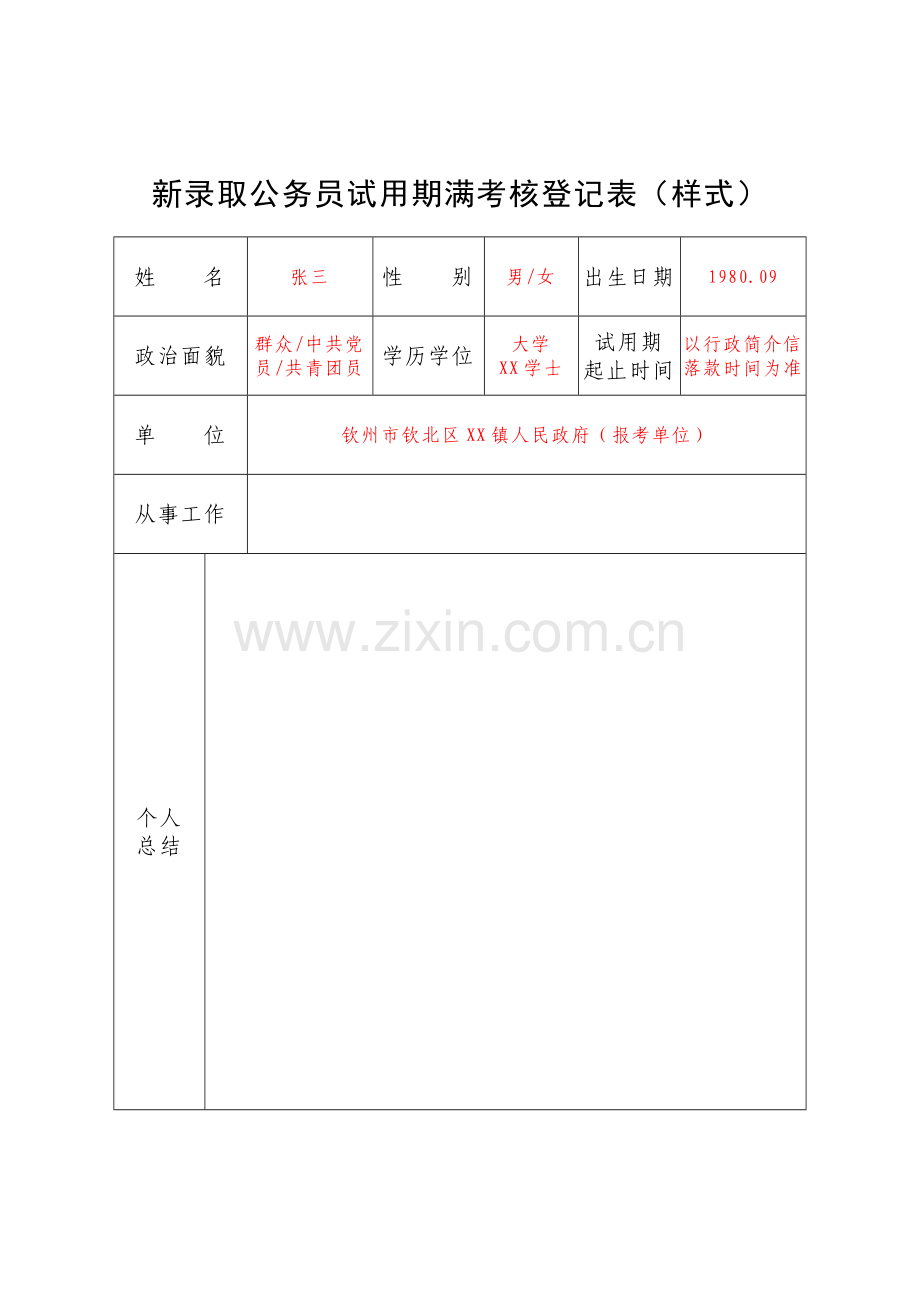 新录用公务员试用期满考核登记表样式.doc_第1页