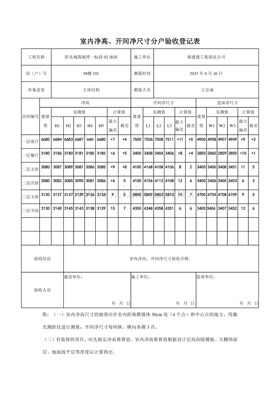 室内净高开间净尺寸分户验收记录表填写范例.doc_第1页