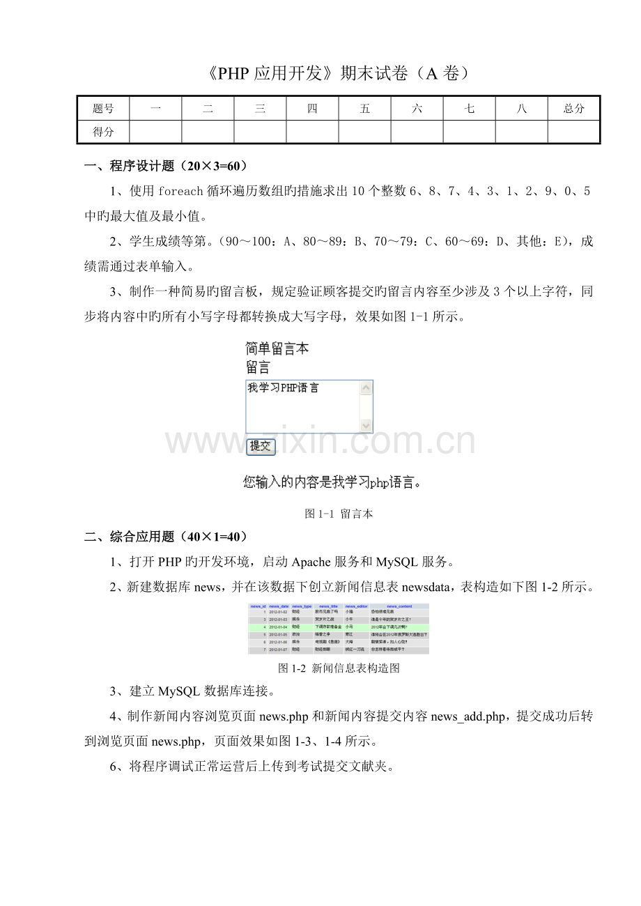 PHP应用开发期末试卷及答案.doc_第1页