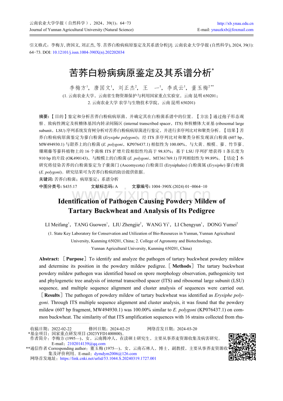 苦荞白粉病病原鉴定及其系谱分析.pdf_第1页