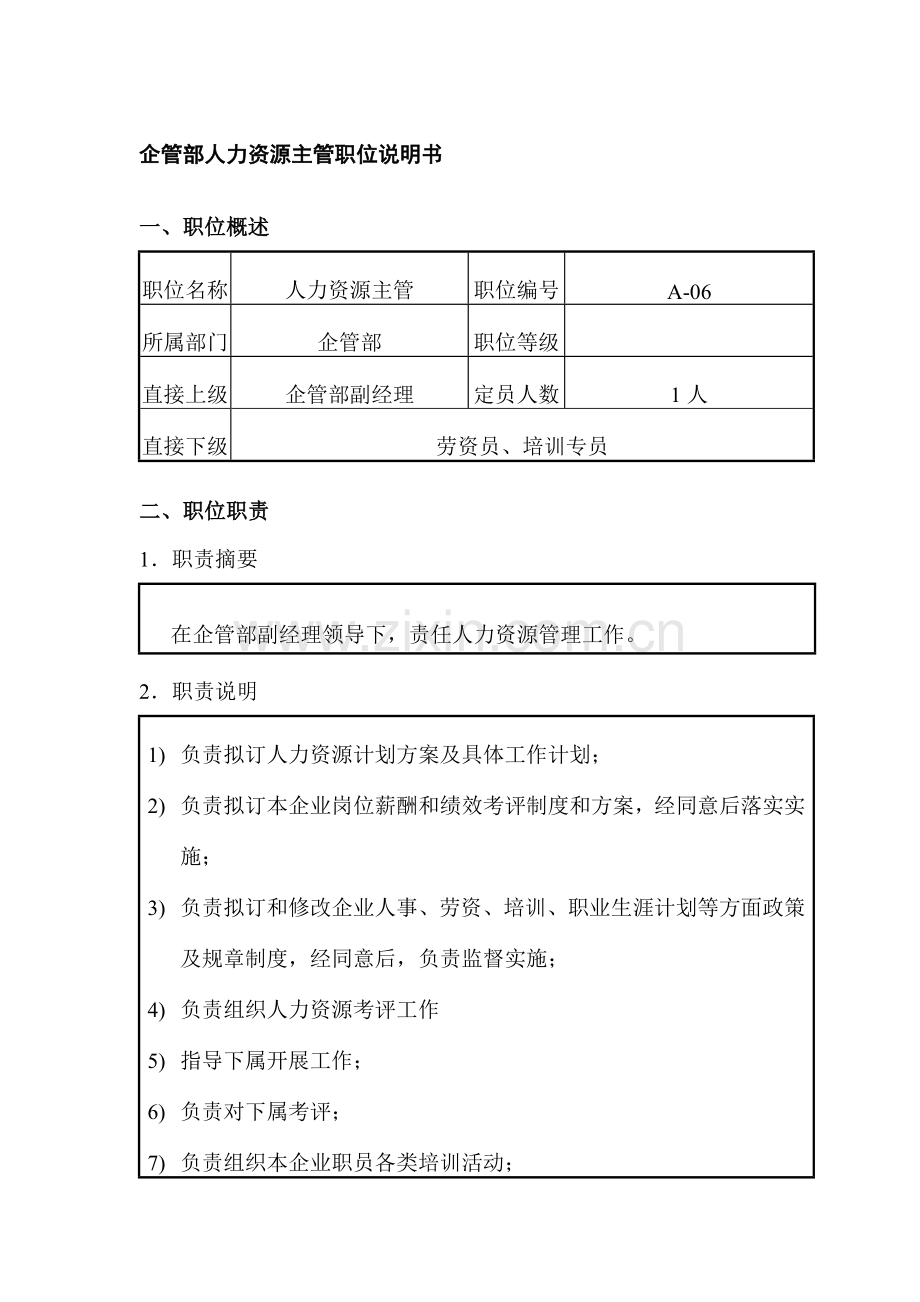 公司企管部人力资源主管职位说明书样本.doc_第1页