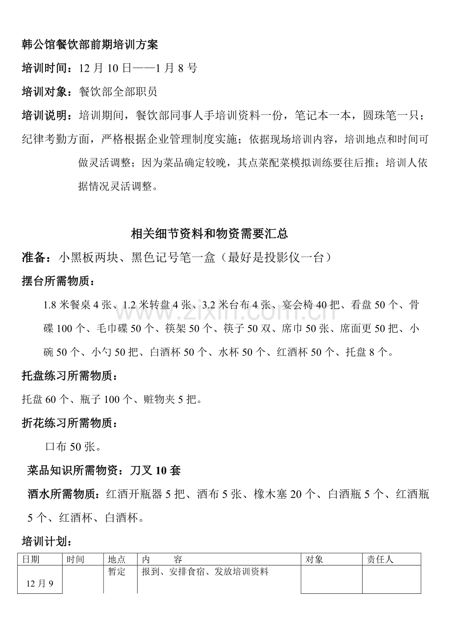 公司餐饮部前期培训方案样本.doc_第1页