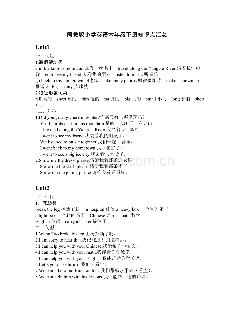 闽教版小学英语六年级下册知识点汇总教学内容.doc_第1页