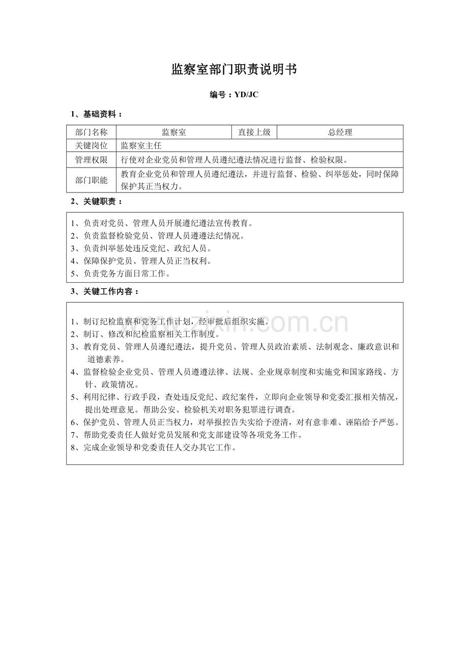 公司监察室部门职责说明书样本.doc_第1页