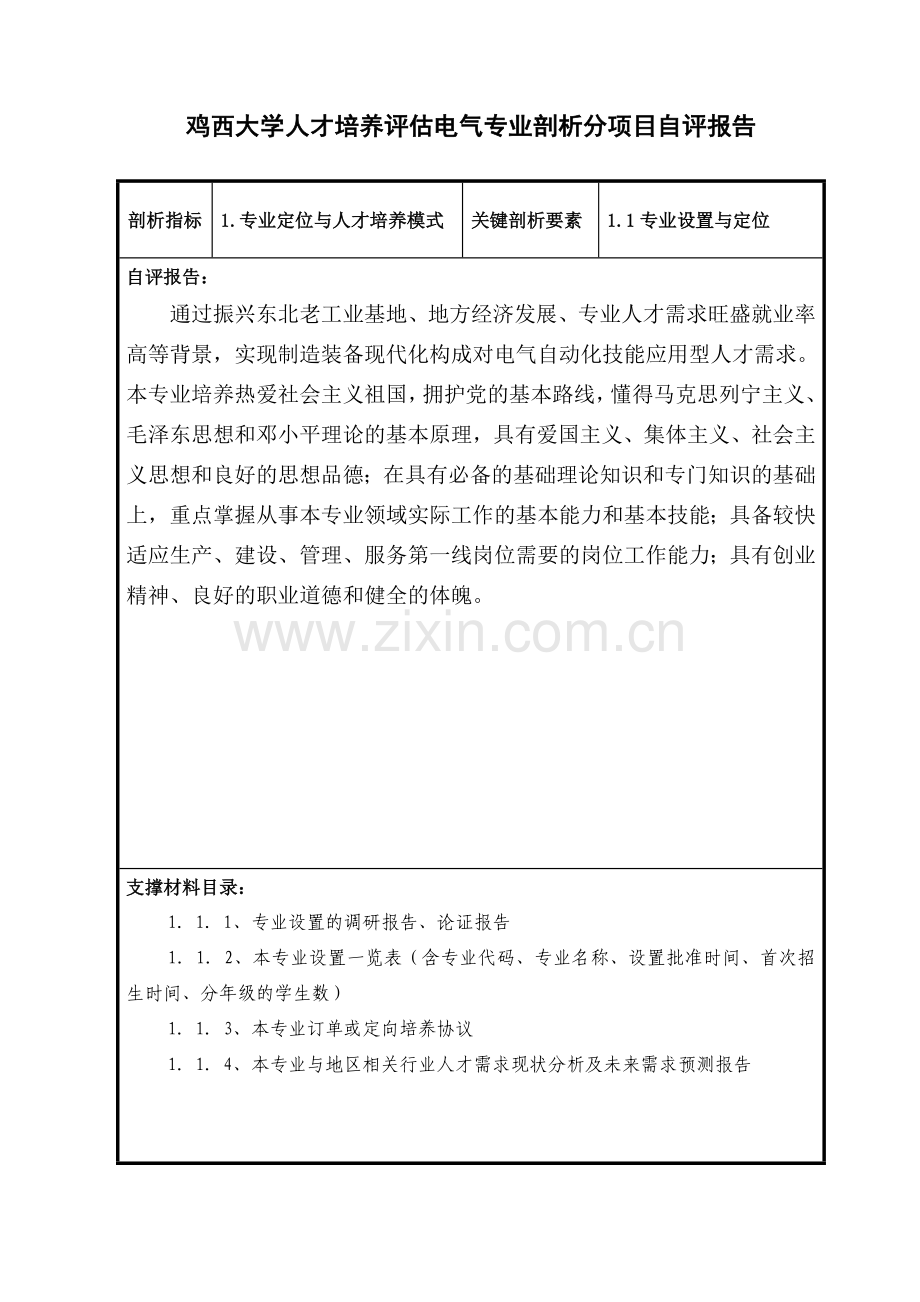 鸡西大学人才培养工作评估电气专业剖析分项目自评报告.doc_第1页