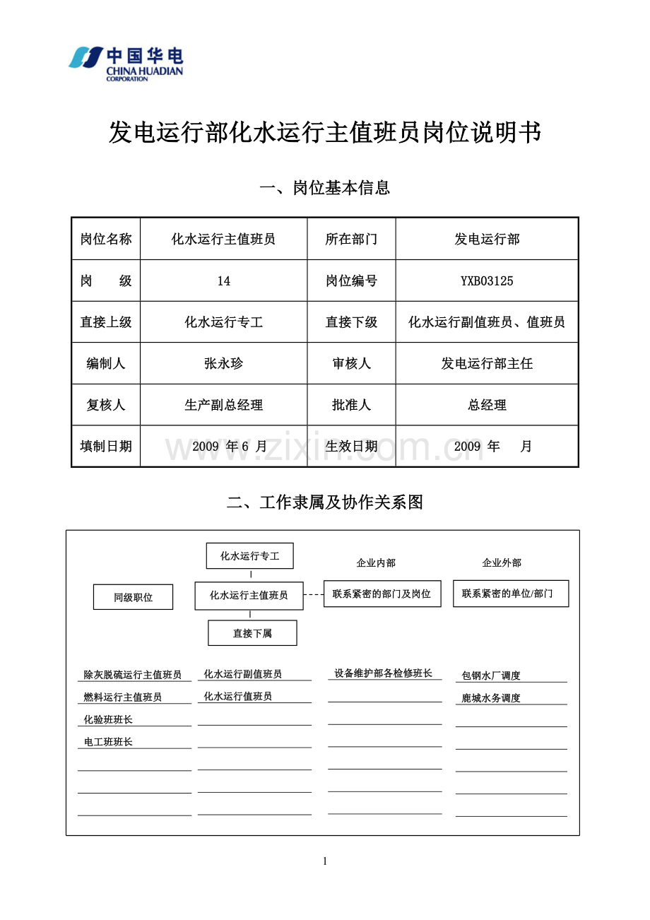 发电运行部化学运行主值班员岗位说明书.doc_第1页