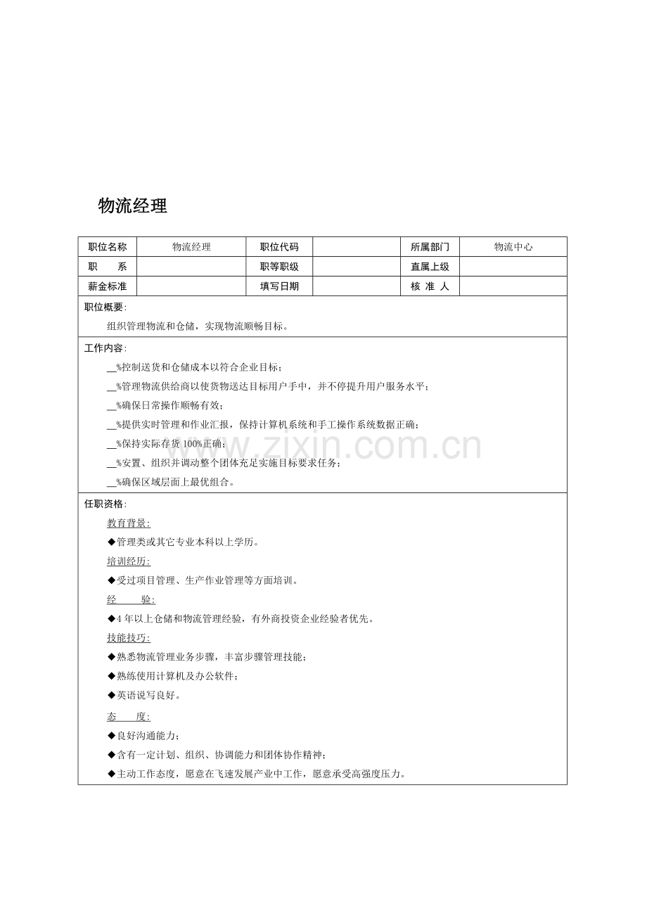 物流经理岗位职责说明书样本.doc_第1页