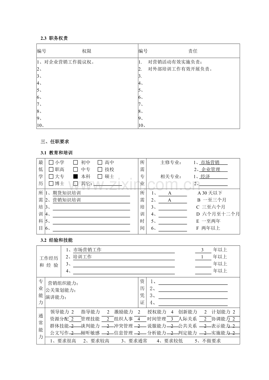 公司总部业务发展部市场营销主管职务说明书样本.doc_第3页