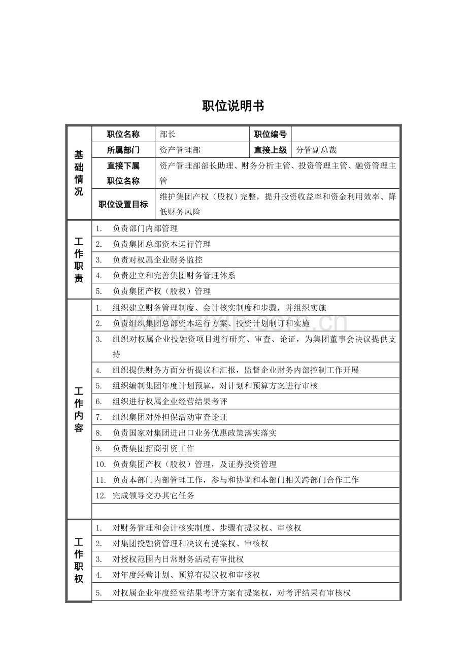 公司部长岗位说明书样本.doc_第1页