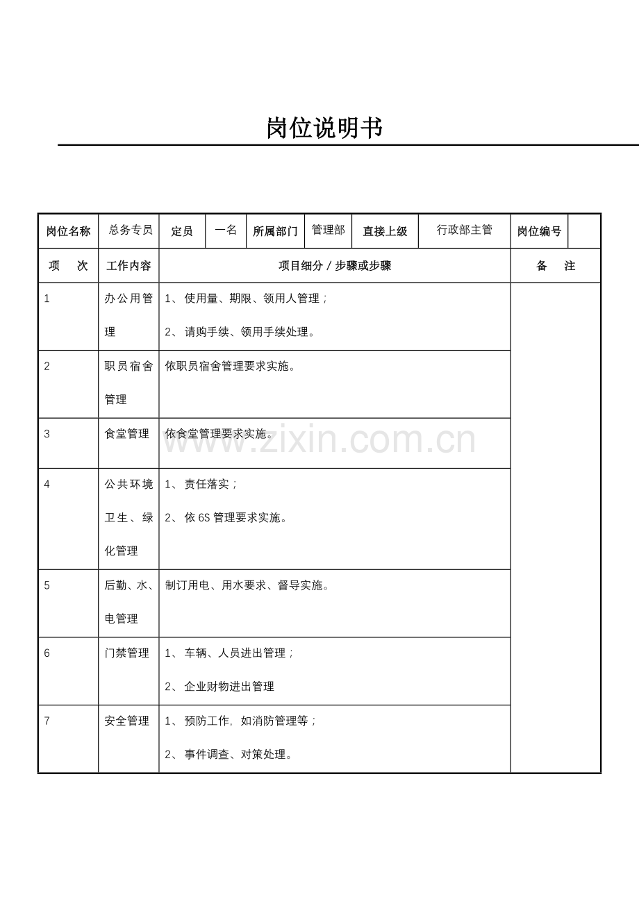 总务专员职务说明书样本.doc_第1页