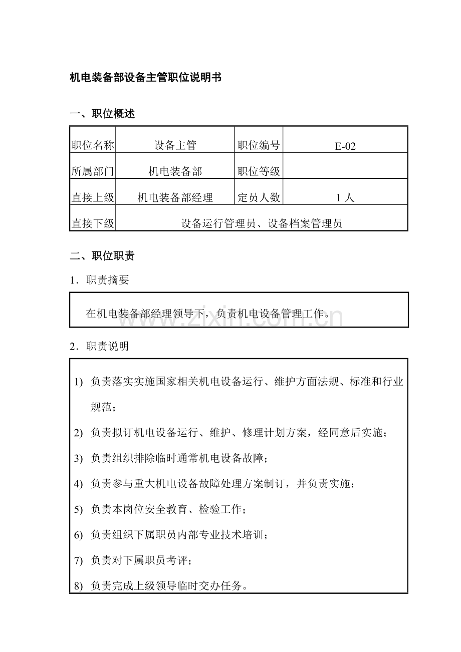 公司机电装备部设备主管职位说明书样本.doc_第1页