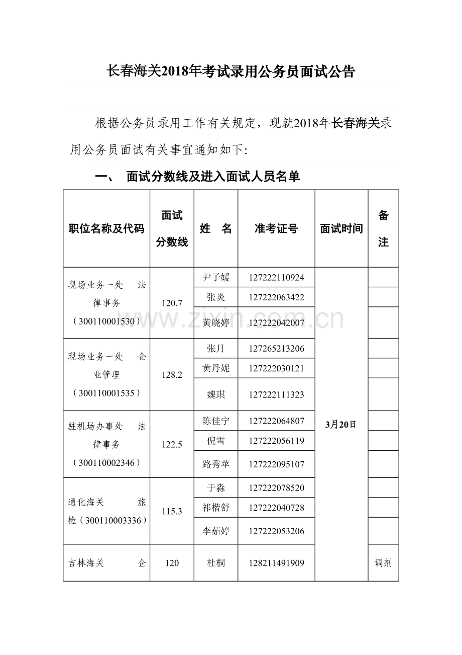 长春海关考试录用公务员面试公告.doc_第1页