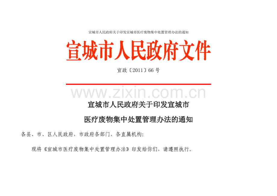 宣城市人民政府关于印发宣城市医疗废物集中处置管理办法的通知.doc_第1页