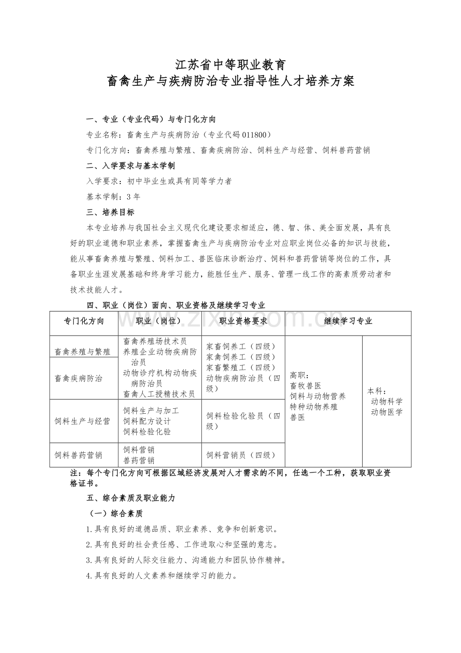 2中等职业教育畜禽生产与疾病防治专业指导性人才培养方案.doc_第1页