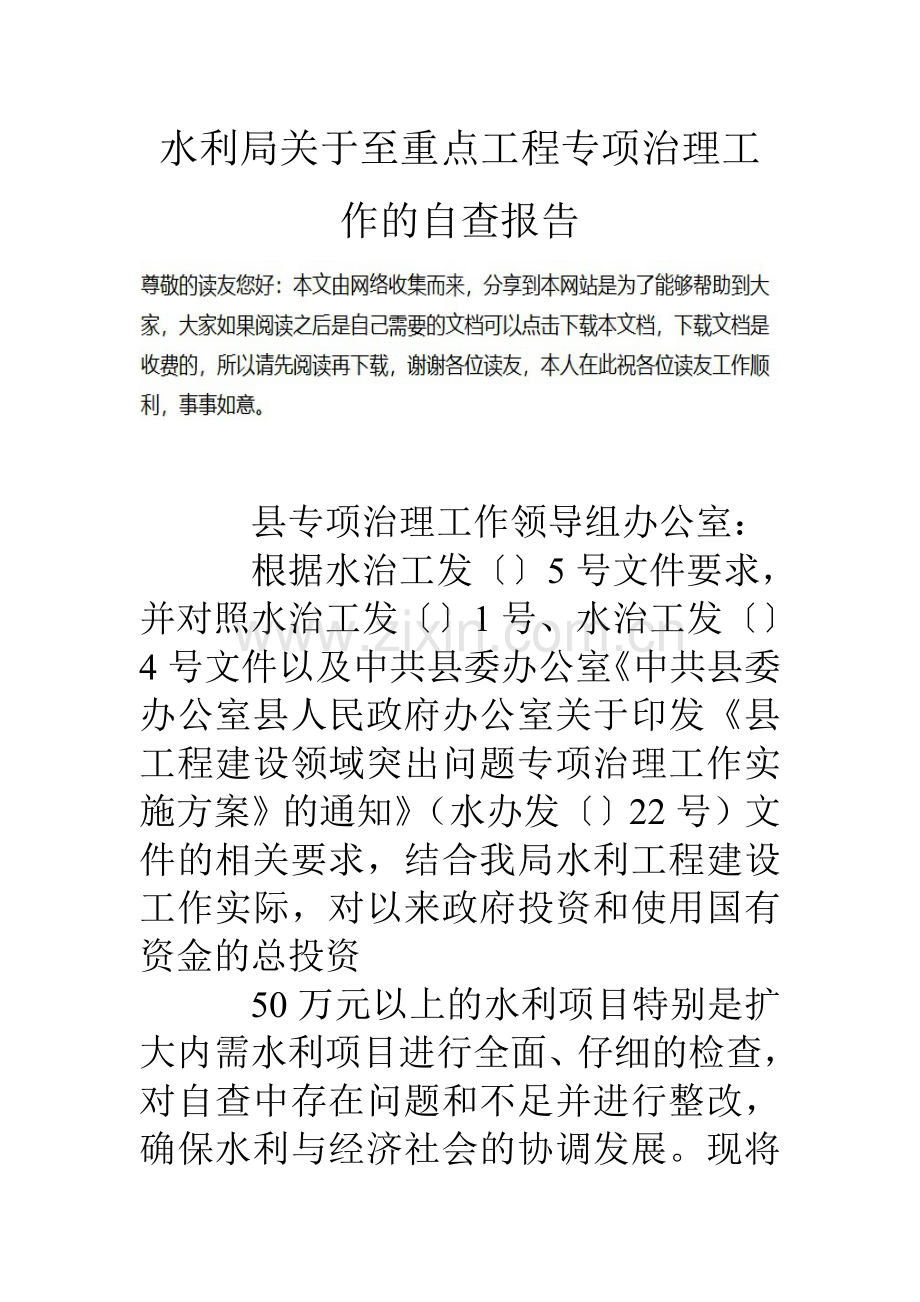 水利局关于至重点工程专项治理工作的自查报告.doc_第1页