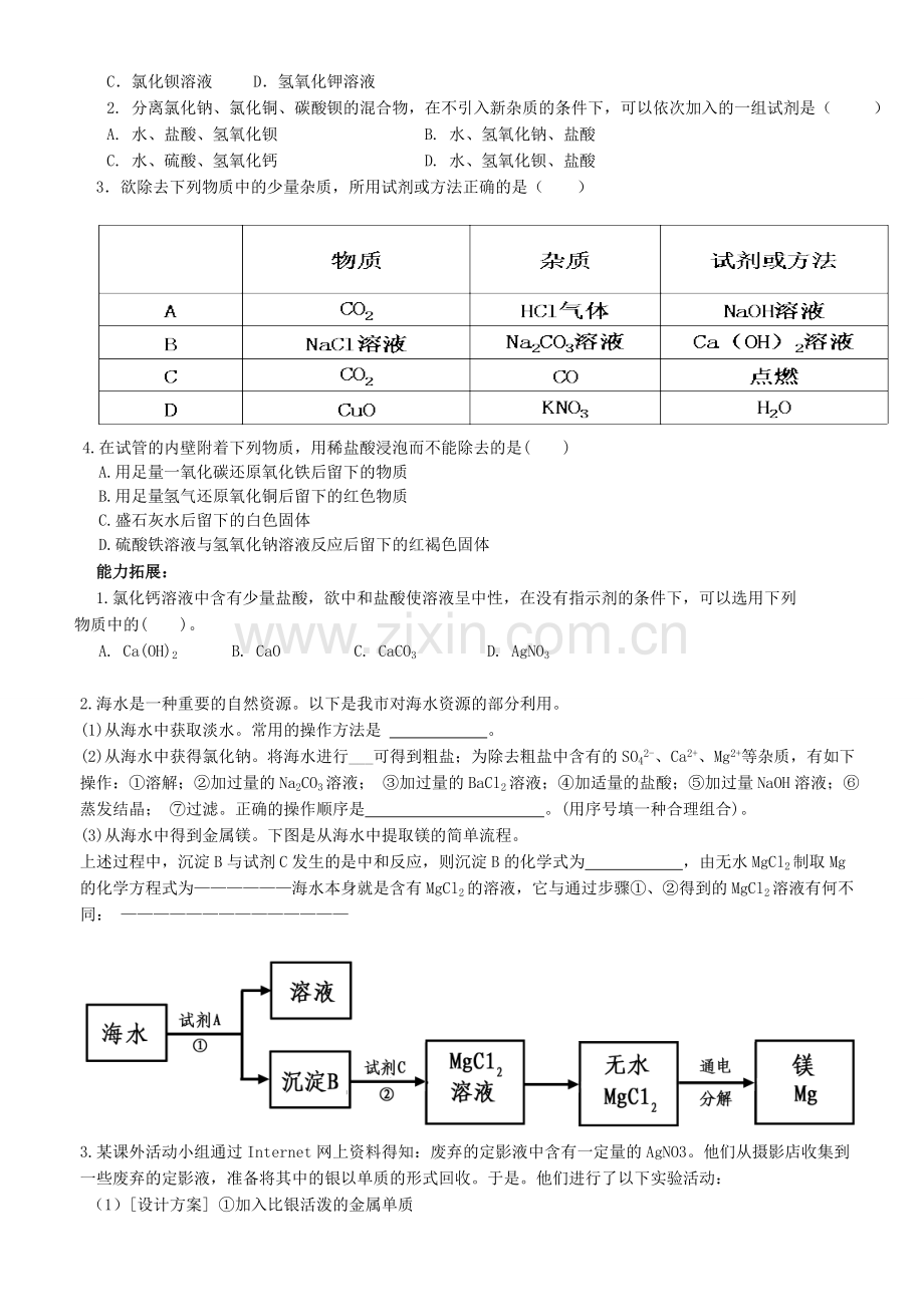 初中化学专题9《酸碱盐等物质的分离与提纯》学案.doc_第3页