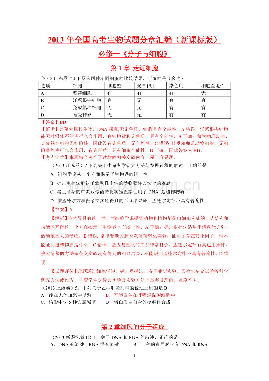 高考真题生物试题分章汇编含解析必修一分子与细胞走近细胞.doc_第1页