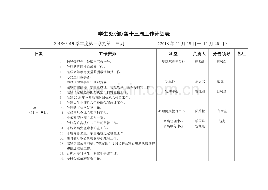 大学生心理健康教育中心周工作计划表.doc_第1页