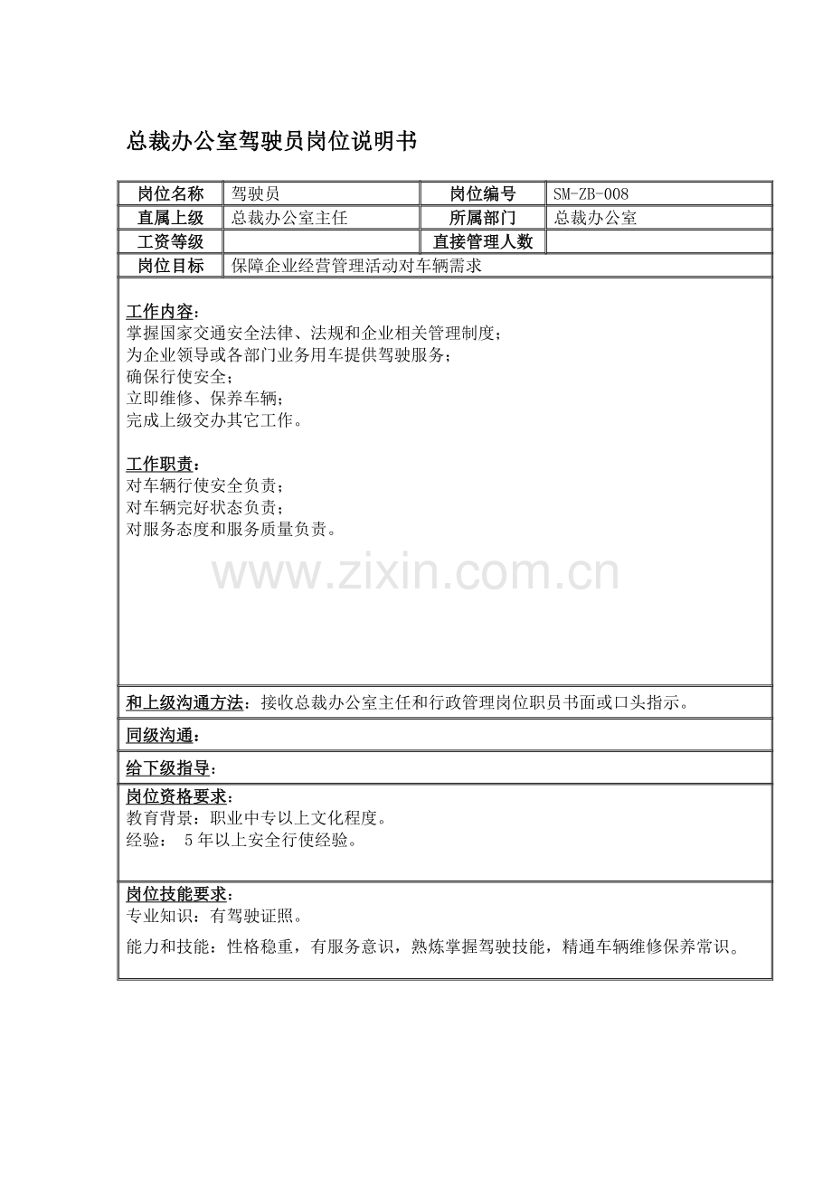 总裁办公室驾驶员职位说明书样本.doc_第1页