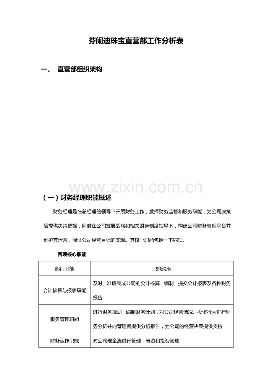 芬阑迪珠宝直营部各部门工作分析表.docx_第1页