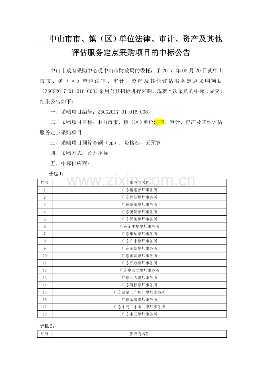 资产及其他服务定点采购项目的中标公告中山人力资源和社会.doc_第1页